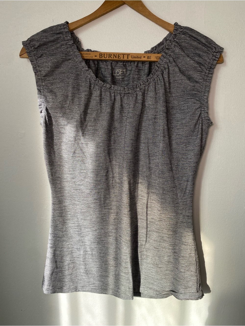 LOFT Gray Micro-Striped Ruffled Tank Top - Picture 2 of 6